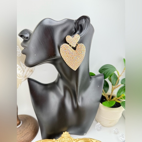 Statement Heart Earrings | Gold-Tone Rhinestone Drop Dangles - Picture 7 of 9
